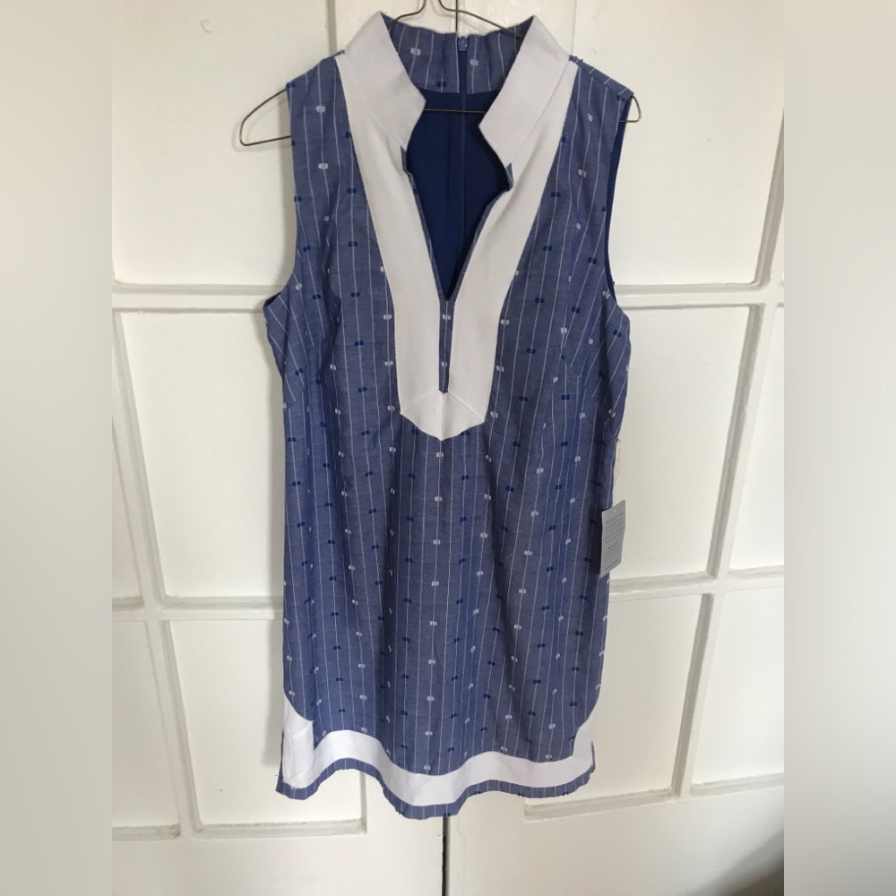 New Eliza J Preppy White and Blue Mandarin Collar Shift Dress Size 10